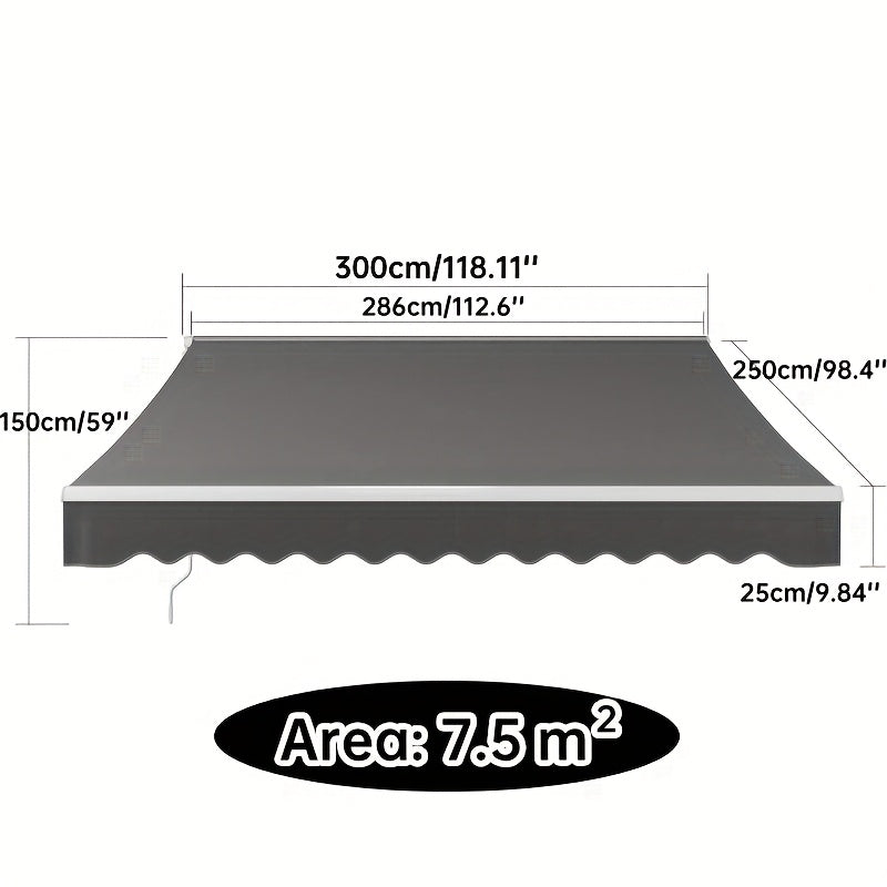 Uittrekbare Zonwering – Verstelbaar Zonnescherm – Terrasscherm – Balkonoverkapping – Schaduwdoek – Grijs – 300x250 cm – UV Bescherming – Handmatige Kurkbediening