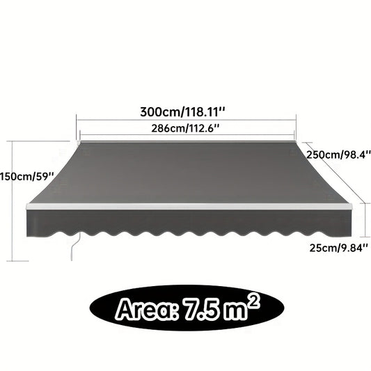 Uittrekbare Zonwering – Verstelbaar Zonnescherm – Terrasscherm – Balkonoverkapping – Schaduwdoek – Grijs – 300x250 cm – UV Bescherming – Handmatige Kurkbediening