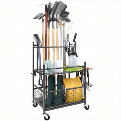 Tuingereedschap Organizer – Gereedschaphouder – Tuinopberger – Tuinrek – Metalen Organizer – Koolstofstaal – Met Wielen