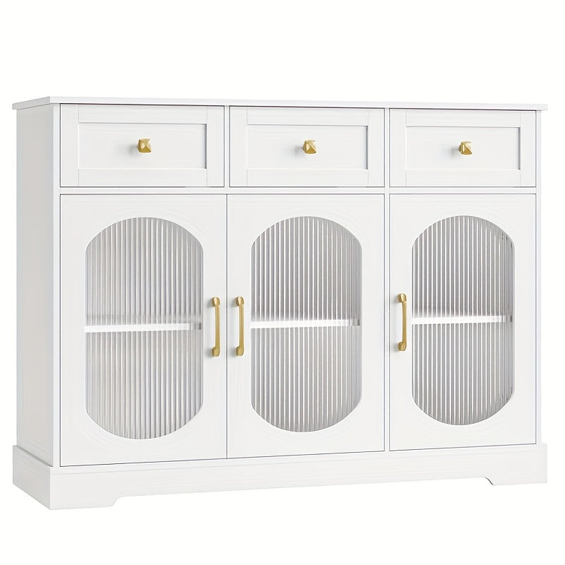 Dressoir – Buffetkast – Opbergkast – Kast – Tv-meubel – Modern Wit – 3 Lades & 3 Glazen Deuren – Verstelbare Planken & Gouden Handgrepen – Spaanplaat – 120x89,7x39,8 cm