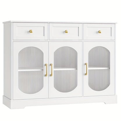 Dressoir – Buffetkast – Opbergkast – Kast – Tv-meubel – Modern Wit – 3 Lades & 3 Glazen Deuren – Verstelbare Planken & Gouden Handgrepen – Spaanplaat – 120x89,7x39,8 cm