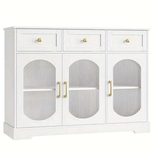 Dressoir – Buffetkast – Opbergkast – Kast – Tv-meubel – Modern Wit – 3 Lades & 3 Glazen Deuren – Verstelbare Planken & Gouden Handgrepen – Spaanplaat – 120x89,7x39,8 cm