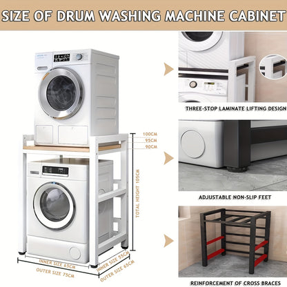 Wasmachine Standaard – Wasmachine Verhoger – Droger Steun – Opbouwmeubel – Stapelrek – Verstelbare Hoogte – Stevig Smeedijzer Met Walnoot Afwerking