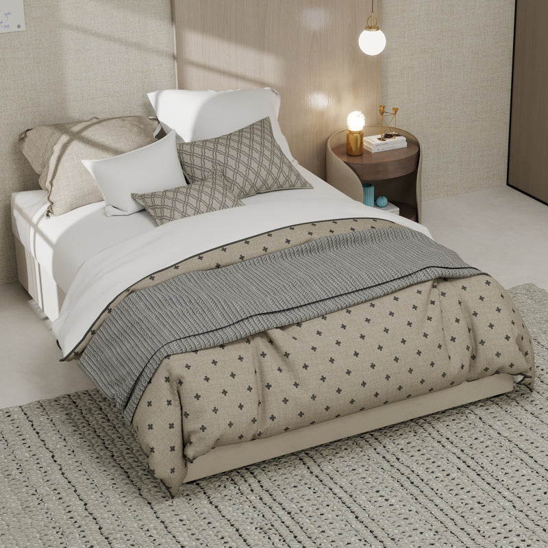 Bedframe – Bedombouw – Slaapbank – Platformbed – Ledikant – Modern Minimalistisch – Beige Velvet Bekleding – Gaslift Opbergruimte