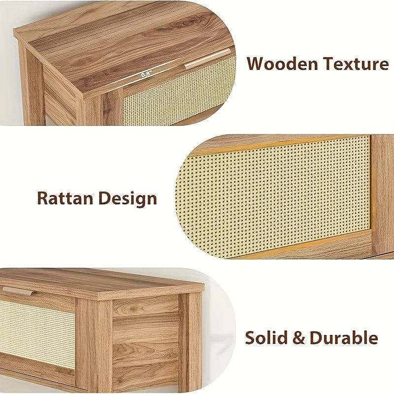 Haltafel – Sidetable – Console Tafel – Sofa Tafel – Rattan Bijzettafel – Boho Design – 2 Laden – Caramel Eikenhout