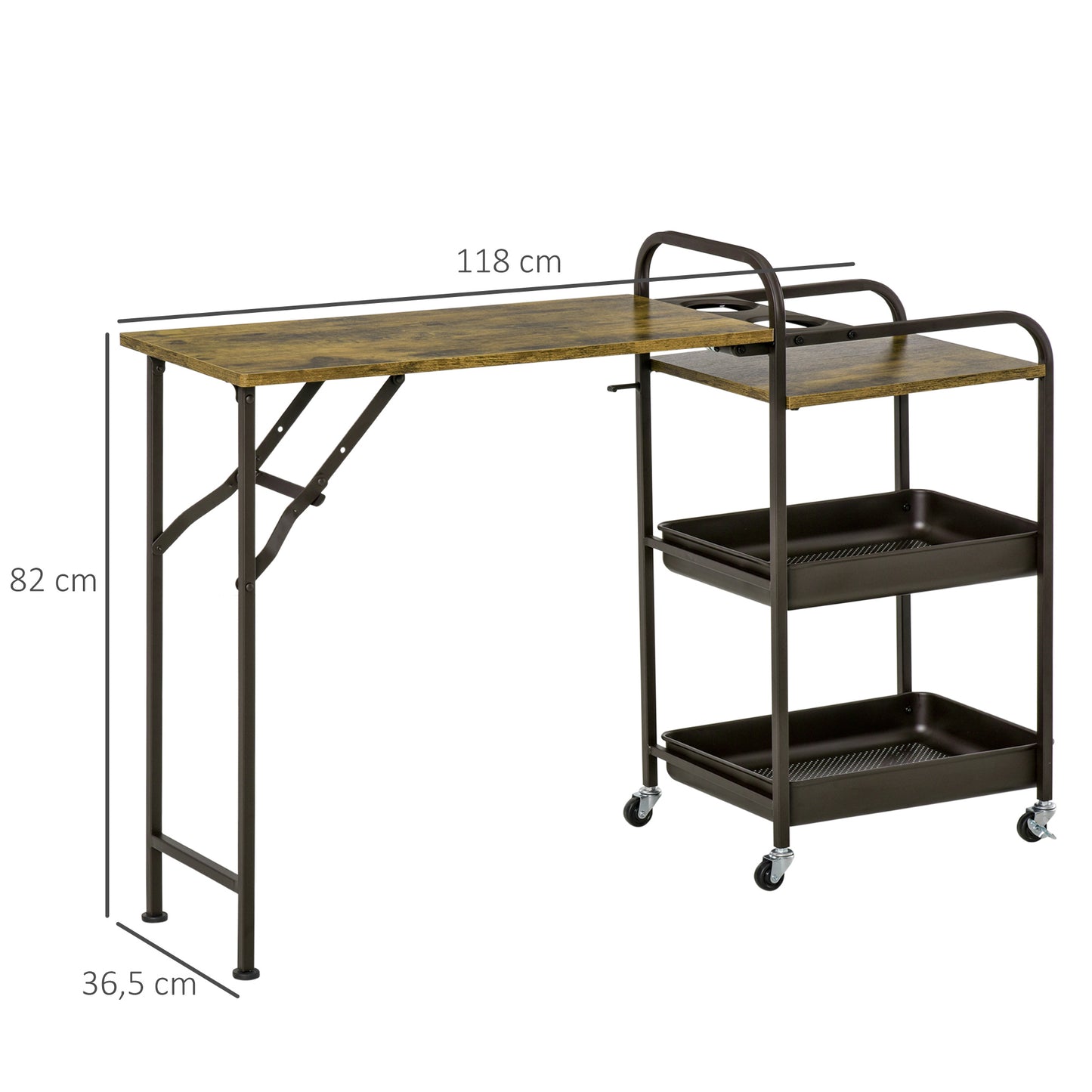 Keukentrolley – Keukenwagen – Serveerwagen – Keukenkast – Keukenrek – Opvouwbaar Werkblad – Verstelbare Pootjes – E1 Spaanplaat Metaal – Rustiek Bruin – 118x36,5x82 cm