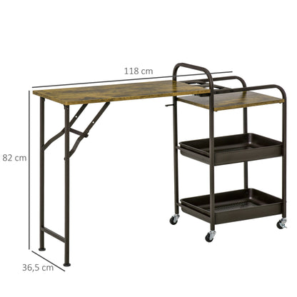 Keukentrolley – Keukenwagen – Serveerwagen – Keukenkast – Keukenrek – Opvouwbaar Werkblad – Verstelbare Pootjes – E1 Spaanplaat Metaal – Rustiek Bruin – 118x36,5x82 cm