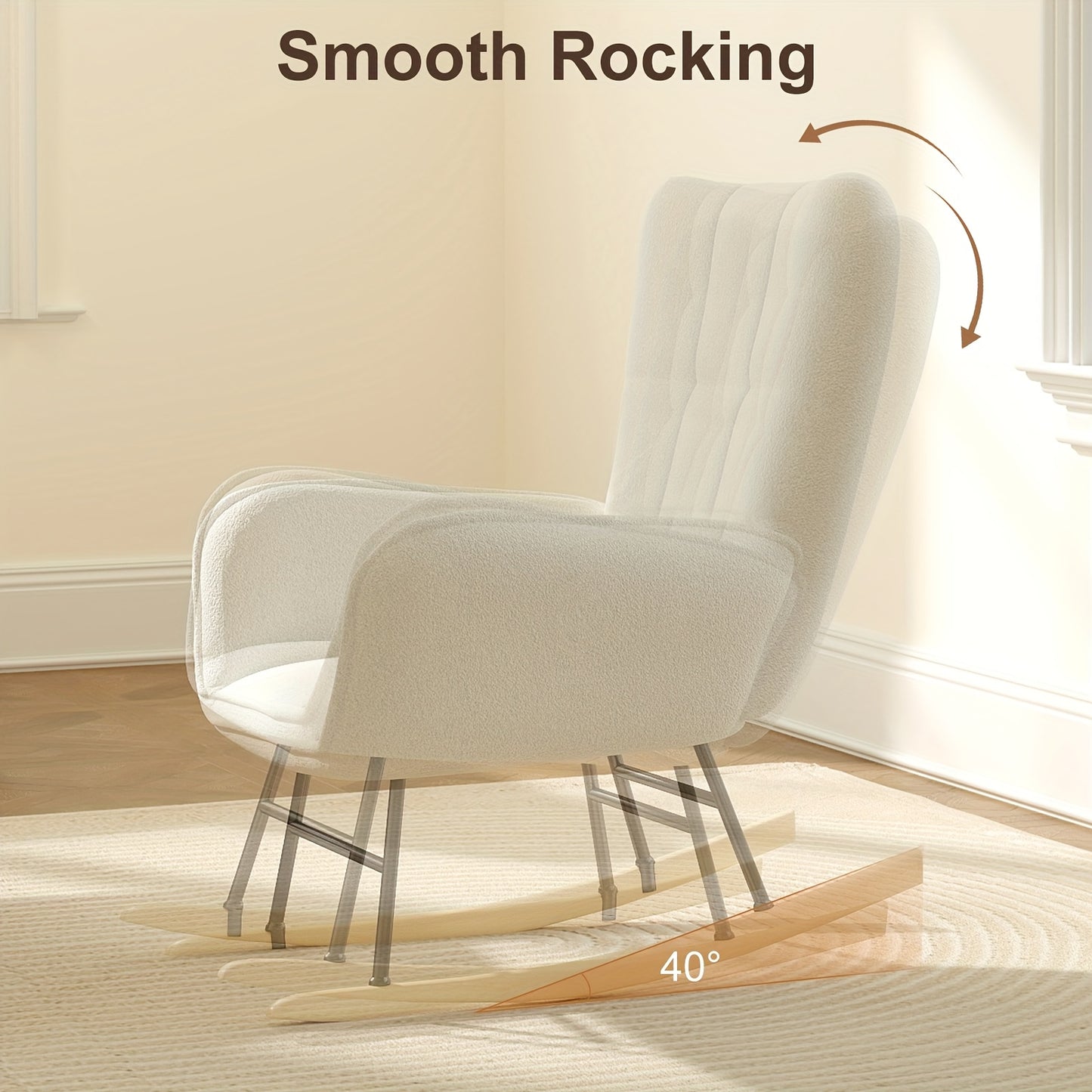 Schommelstoel – Relaxstoel – Fauteuil – Voedingsstoel – Loungestoel – Hoge Rugleuning – Teddy Fleece Bekleding – Memory Foam Zitting – Massief Houten Poten – Handmatig Schommelmechanisme – Wit