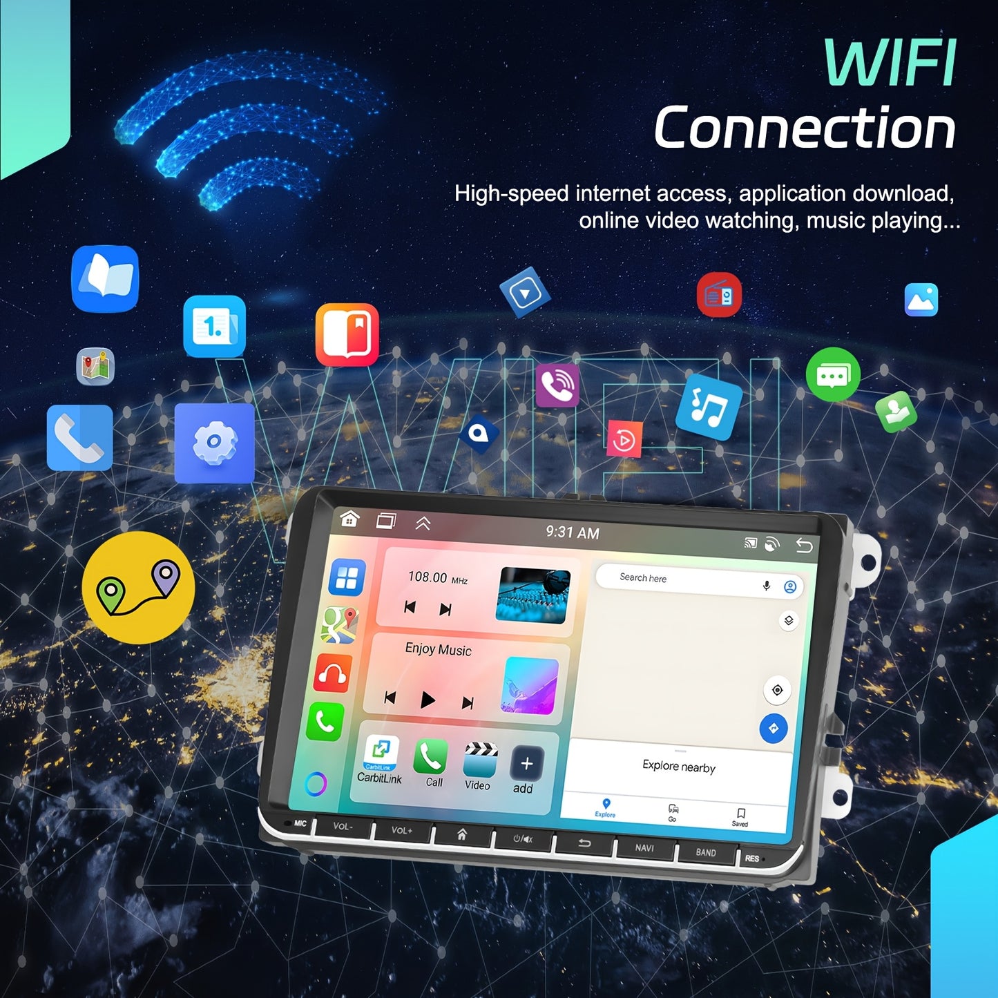 Android Autoradio – Car Stereo – Multimedia Systeem – Double Din Navigatie – Touchscreen – 9 Inch Capacitive Display – Wireless CarPlay & GPS – Inclusief Achteruitrijcamera en Microfoon