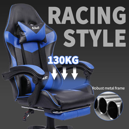 Ergonomische Gamingstoel – Bureaustoel – Gamedraaistoel – Werkstoel – Bureauzetel – Met Verstelbare Voetsteun – 360° Draaibaar Met Hoofdsteun - Blauw