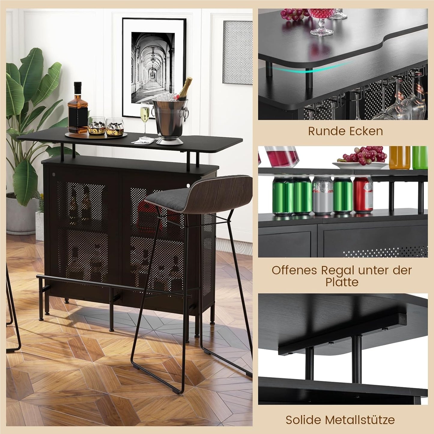 Bartafel – Barmeubel – Keukentafel – Tafel Met Opbergruimte – Zwarte Metalen Frame – Verstelbare Poten – 120 x 50 x 106,5 cm – Inclusief Voetsteun
