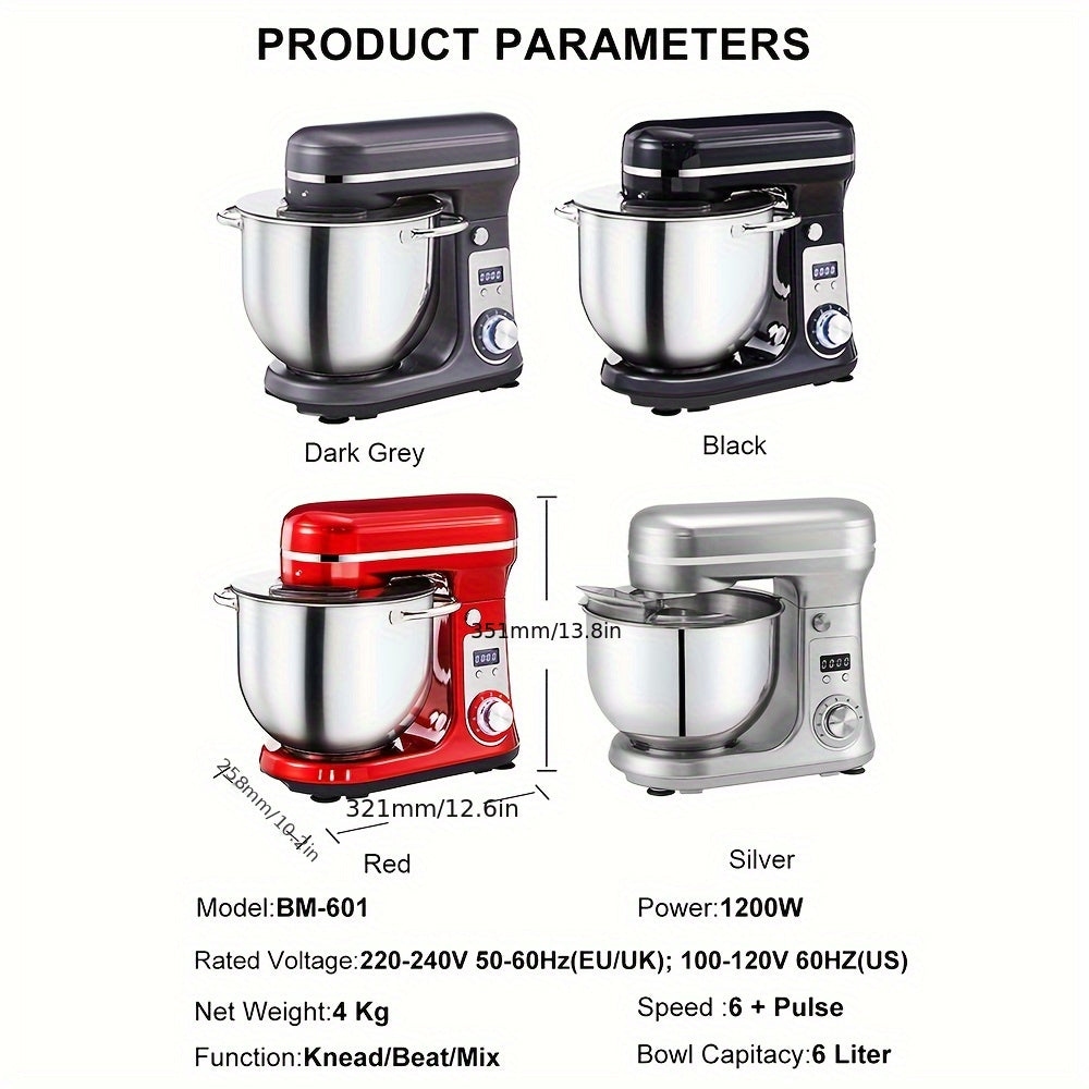 Keukenmixer – Standmixer – Mixer – Deegmixer – Zwart – RVS Mengkom 6L – 6 Snelheden – Stil & Krachtig Motor 1200W
