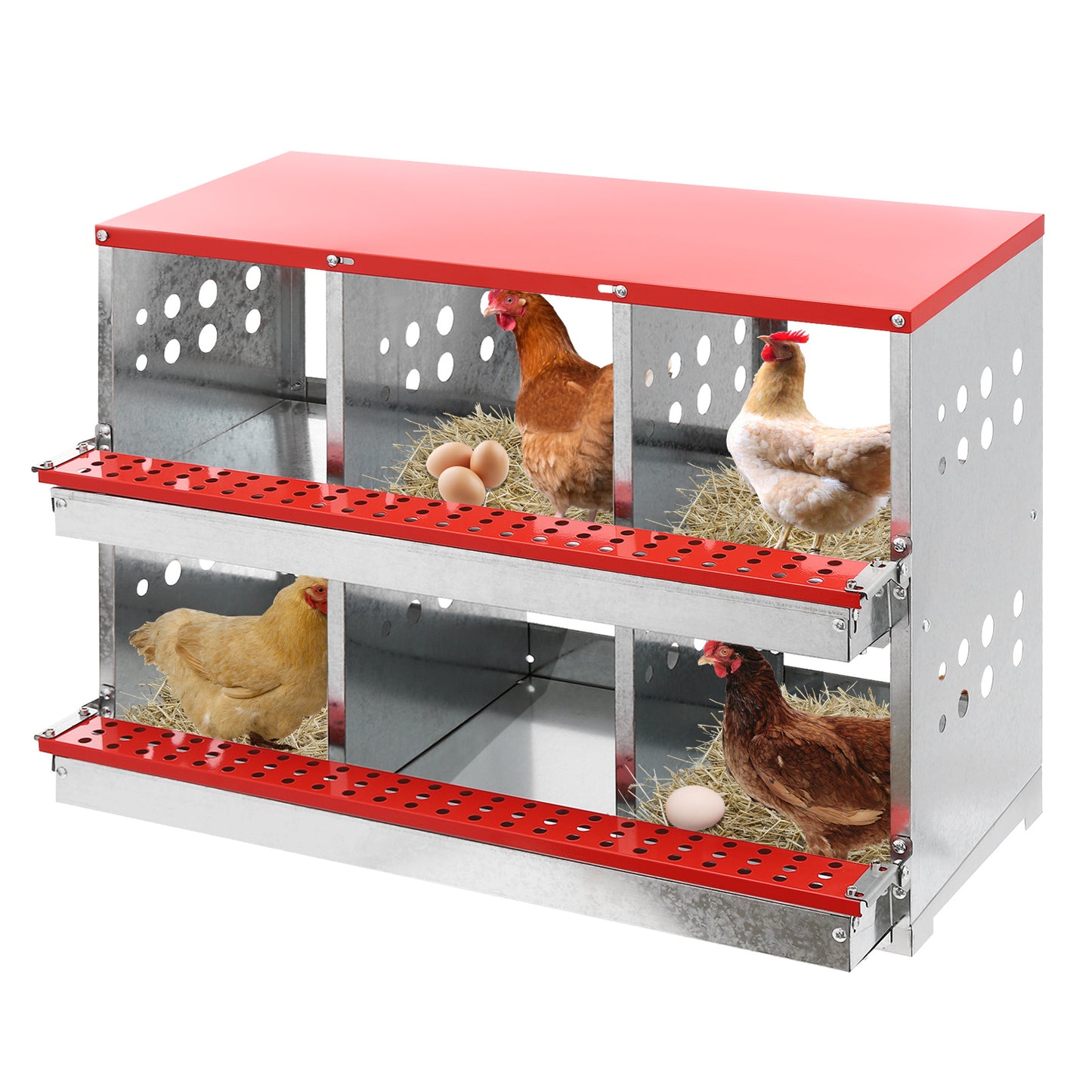 Broedhok Kip – Kippennest – Legnest – Nestkast – Kippenhok Nest – Vrijstaand Met 6 Compartimenten – Gegalvaniseerd Staal en Ventilatie Openingen