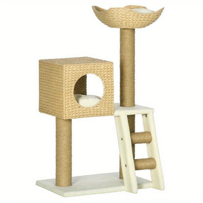Scratching Post with Cat House, Sisal Scratching Columns, Washable Cushions, 100.5H x 57L x 37B cm, White/ Natural, Feline Enrichment, Pet Scratching Post, Stylish Cat Tree, Minimalist Design, Sturdy Frame, Sisal Rope Constru