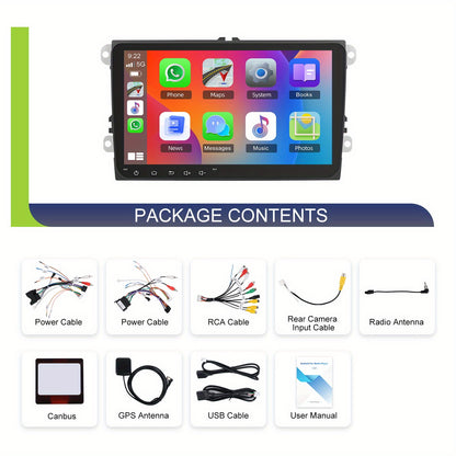 PODOFO 22.86cm Android 15 Car Radio for VW Golf, Tiguan, Caddy, Touran, Seat - 8Core/4G, 64GB, Wireless CarPlay, GPS, WiFi, 2 USB Ports, AHD Reversing Camera, Split Screen, 4K Video Support, Vehicle Audio Upgrade, Modern Car
