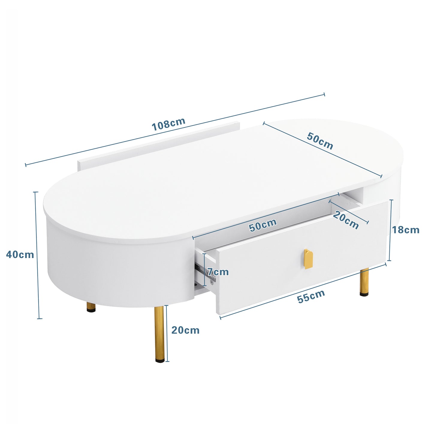 TV Meubelset – Tv Meubel – Salontafel – Lowboard – Woonkamermeubel – Afgeronde Vormen – Gouden Accenten – MDF Wit – Ruime Lades