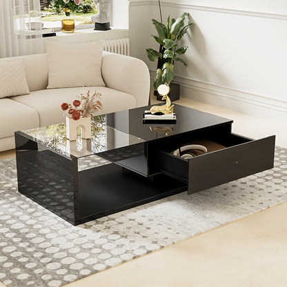 Salontafel – Koffietafel – Bijzettafel – Woonkamertafel – Opbergtafel – Hoogglans Zwart Glas – Gehard Glas Met Lade