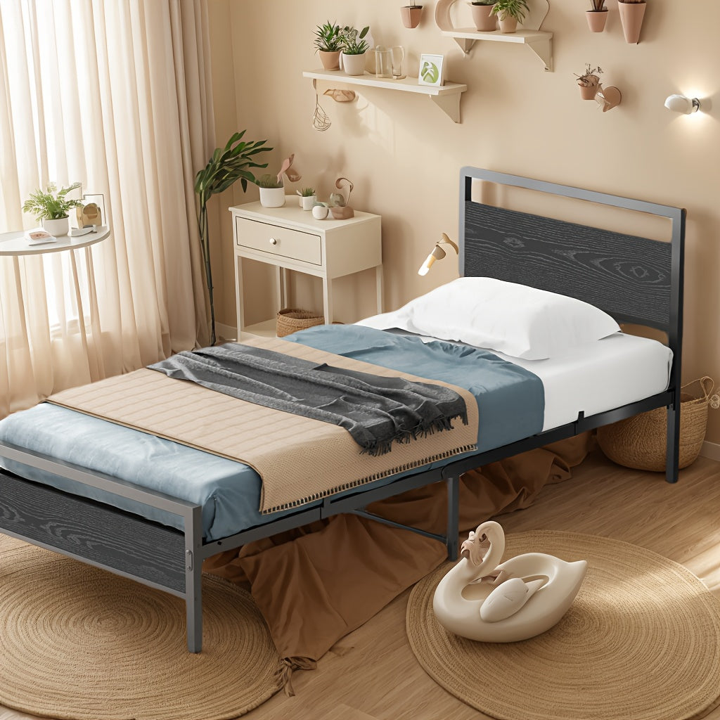 Bedframe – Bed – Eenpersoonsbed – Metalen Bed – Lattenbodem – 90x200 cm – Stevig Metaal & MDF – Verhoogd Met Opbergruimte