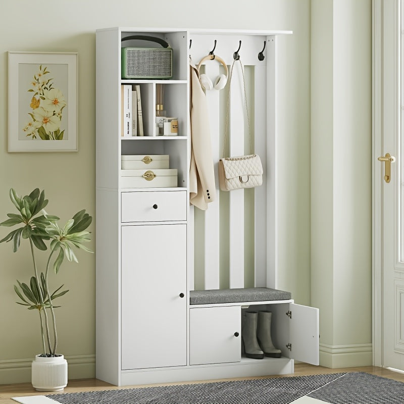 180cm Tall Entrance Hall Wardrobe Set | With Clothes Rack, Upholstered Shoe Bench, 4 Hooks, 4 Open Shelves, Shoe Rack, Chest Of Drawers, Hallway Furniture, Bench With Storage Space, White, European Style