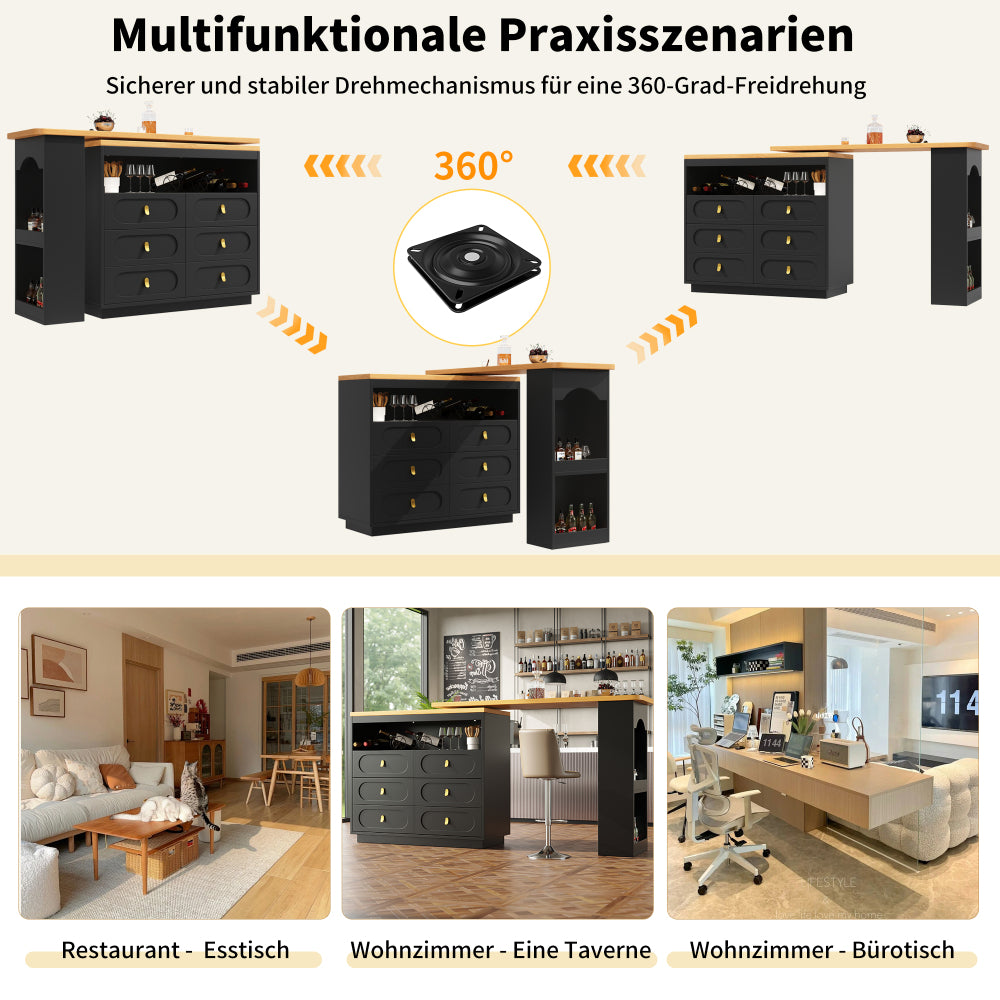 Extendable Bar Table with Swivel Function & Storage Drawers - Adjustable Length Modern Metal Space-Saving Design, Black Contemporary Style with Golden-Toned Legs for Kitchen, Living Room, Dining Room, Home Office - Easy Assem
