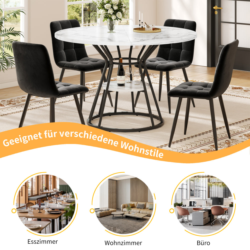 Ronde eettafel – Ronde tafel – Keukentafel – Ontbijttafel – Uitschuifbare tafel – 100x100x76 cm – Marmerlook tafelblad met metalen poten – Opbergruimte onder blad