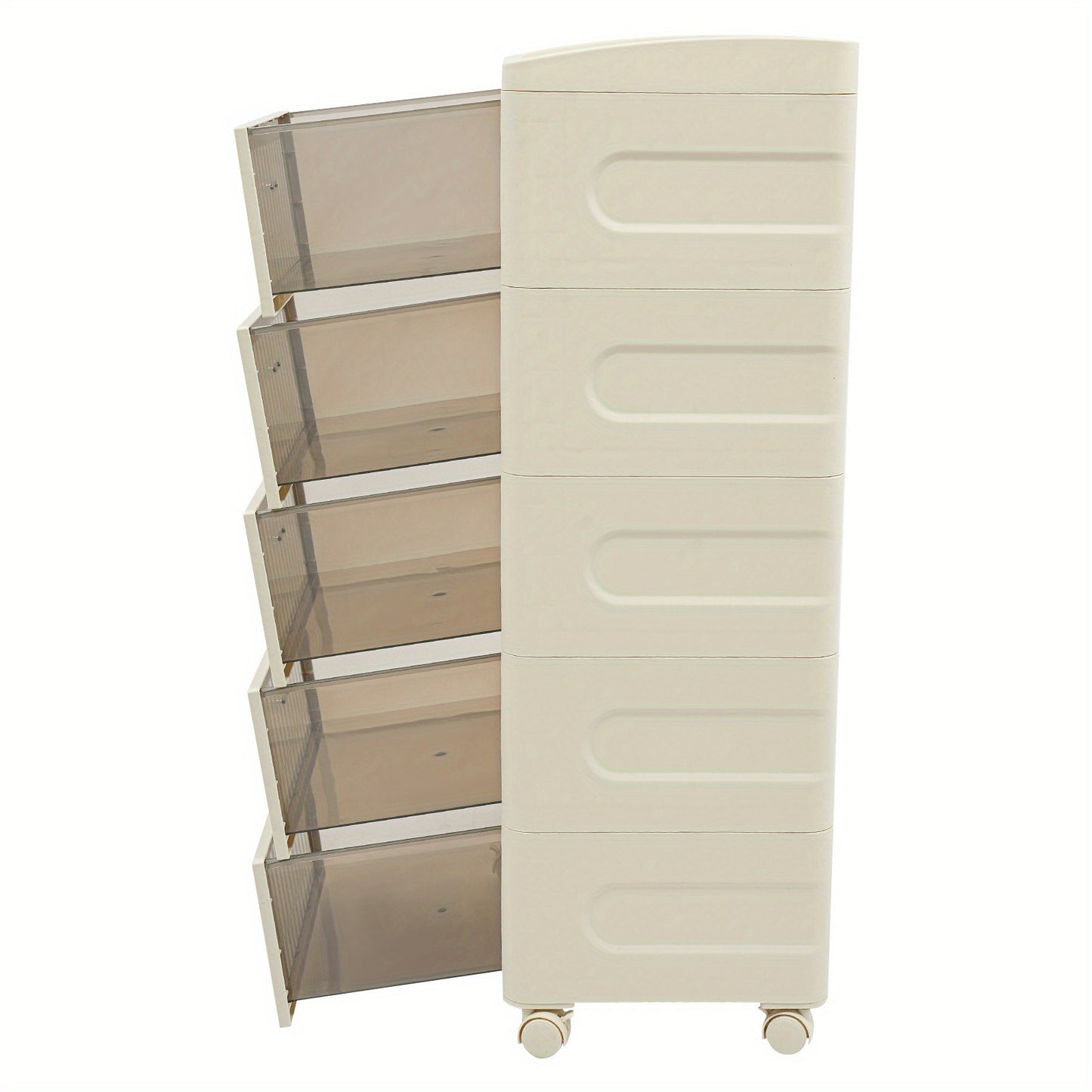 Opbergkast – Ladeblok – Opbergkastje – Kast Met Laden – Organiser – 5 Laden – Wit Met Transparante Panelen – Duurzaam ABS+PP Kunststof – 4 Wielen Met Rem – Compact Verticaal Design – Makkelijk Verplaatsbaar