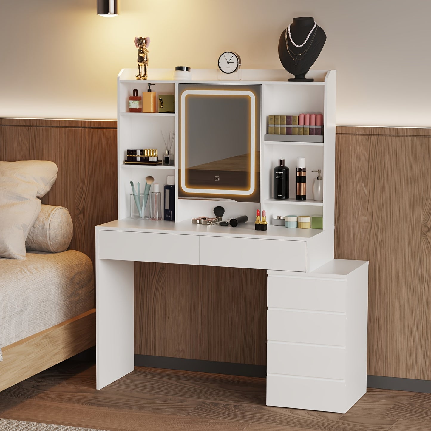 Vanity Desk – Make-up Tafel – Kaptafel – Schminktisch – Dressing Table – Verlichte Spiegel Met 3 Lichtstanden – 6 Laden Met 3 Opbergshelves – Wit – Gehard Glas