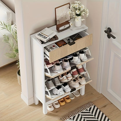 Shoe Storage Cabinet with 2 Flip Drawers And A Drawer, Entryway Cabinet with Adjustable Shelves, Can Accommodate 12 to 20, Space-Saving Narrow Shoe Rack for Entryway, Hallway, Front Door