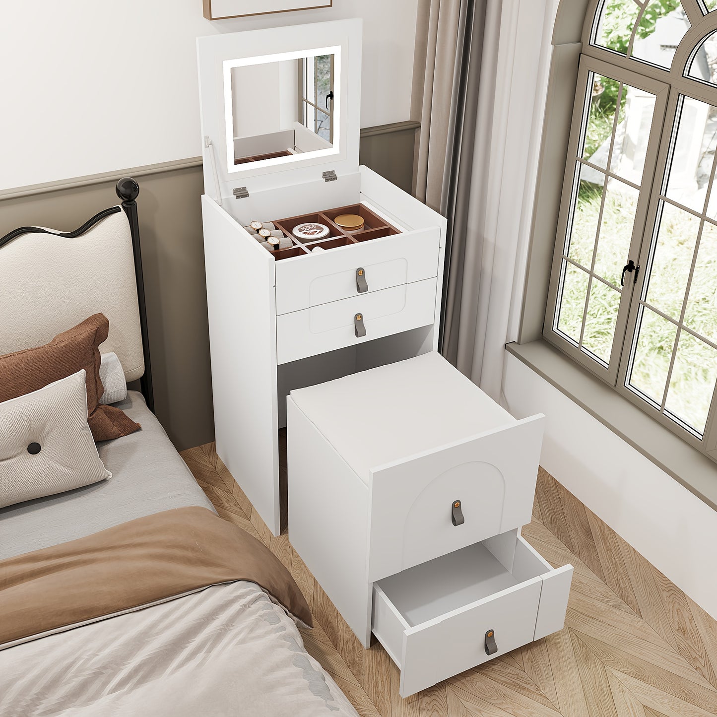 Kaptafel – Make-up Tafel – Opmaaktafel – Cosmetica Tafel – Beautytafel – Wit – Multifunctioneel met Spiegel – 3 Lades + Kruk – Ruimtebesparend, Duurzaam Niet-Hout – 68,5 cm Hoog – 3,2+ Kubieke Voet Opbergruimte