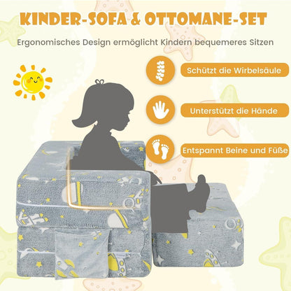 Kinderfauteuil – Kinderbank – Kindersofa – Speelbank – 4-in-1 Met 2 Poefjes – Gloeit In Het Donker – Afneembare Wasbare Hoezen
