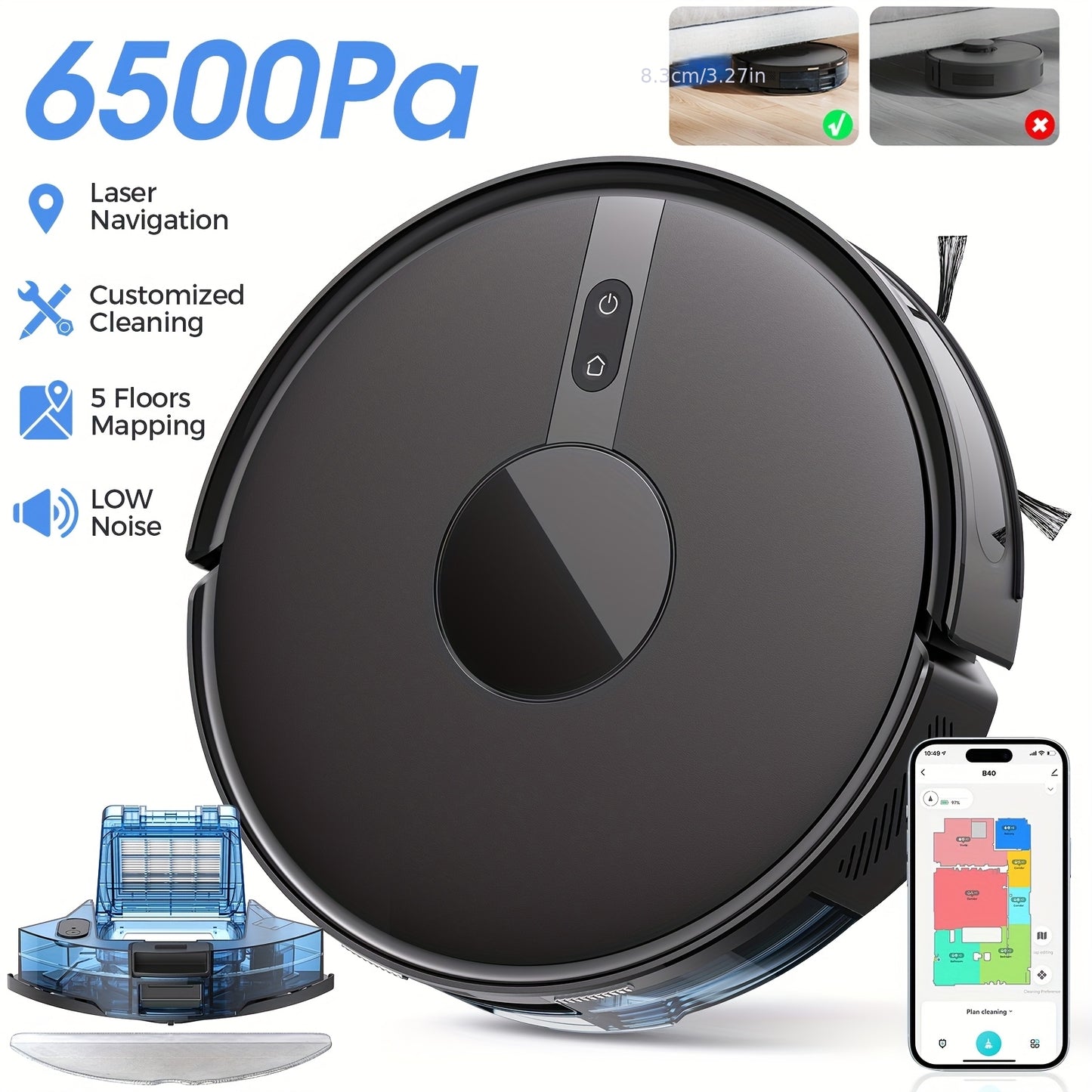 Lubluelu B40 3-in-1 Robot Vacuum and Mop with Mop System, 6500Pa Suction, Ultra-Slim, Low Noise (62dB), Mapping & App, Compatible for Carpet/Hard Floors & Pet Hair, & Avoidance,
