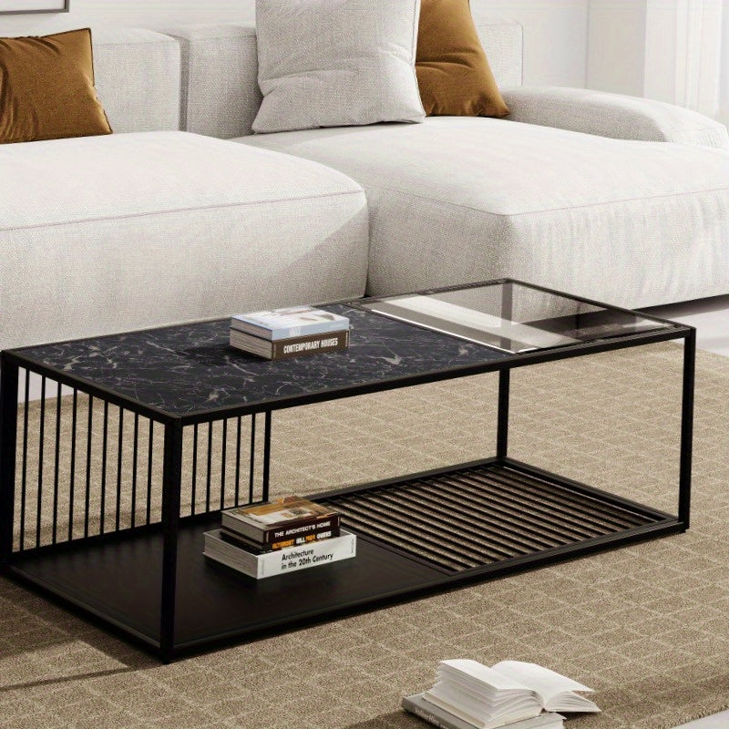 Salontafel – Koffietafel – Bijzettafel – Woonkamertafel – Tafel – Zwart – Metaal en Glas – Robuust Met Extra Opbergruimte