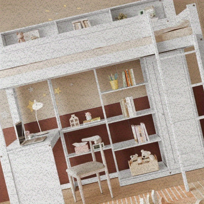 Hoogslaper – Stapelbed – Kinderbed – Eenpersoonsbed – Multifunctioneel Bed – Ingebouwd Bureau & Kledingkast – Ruimtebesparend Ontwerp – Stevig Wit Hout 90x200 cm