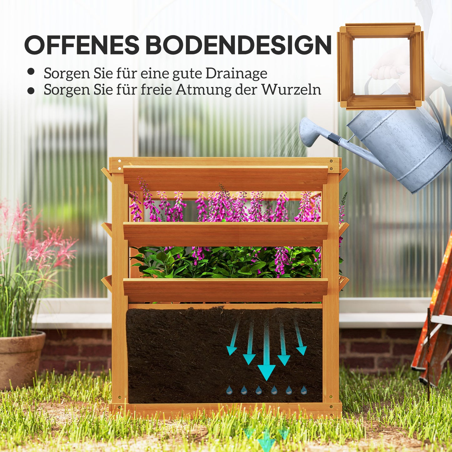 Raised Garden Bed with Trellis, Wooden Planter Box with Climbing Frame, 65 x 65 x 60 cm, Caramel Brown