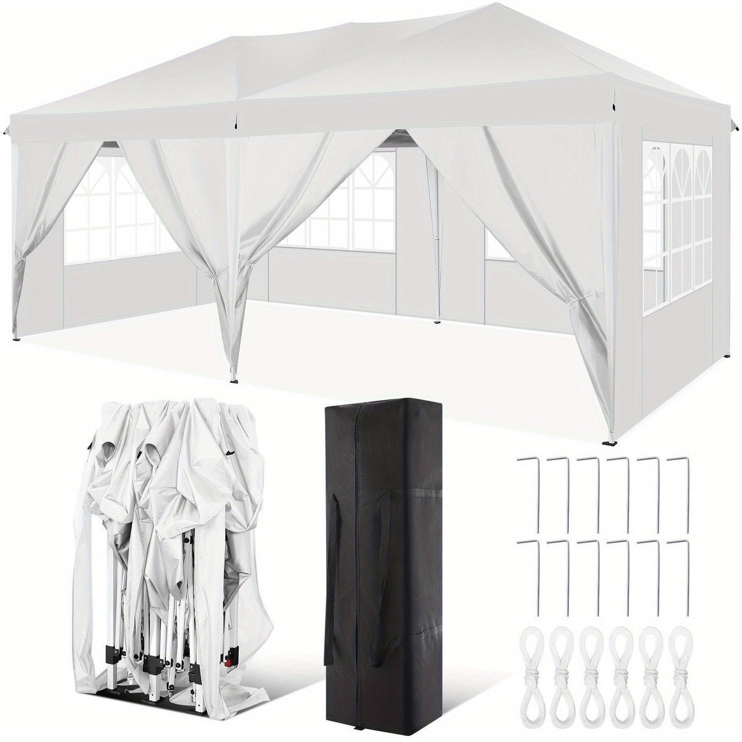 Partytent – Tuintent – Feesttent – Paviljoen – Zonnescherm – 3x6m – Pop-Up Met 6 Afneembare Zijwanden – Waterdicht Polyester