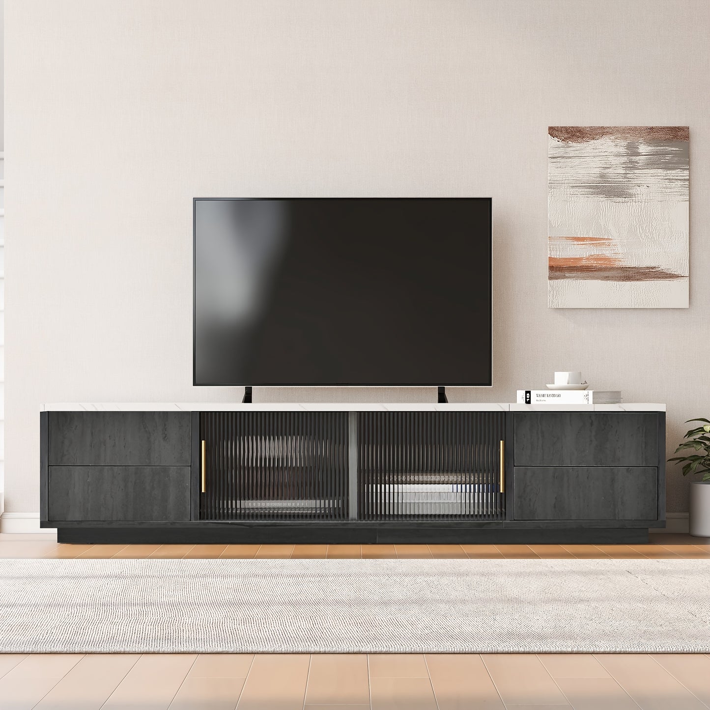 Tv-Meubel – Tv-Kast – Mediamöbel – Opbergkast – Kastje – Notenkleur Walnut – Golvende Deuren – Ruime Opbergruimte – Bamboe Materiaal – Zwarte Metalen Poten