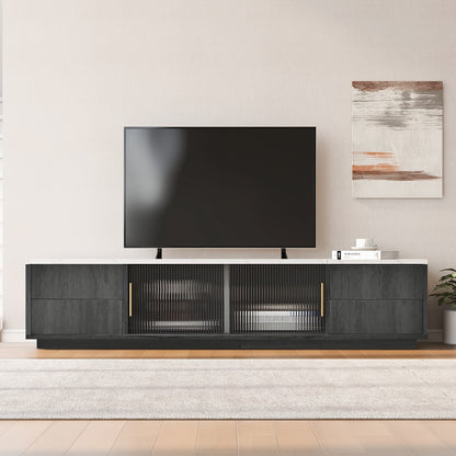 Tv-Meubel – Tv-Kast – Mediamöbel – Opbergkast – Kastje – Notenkleur Walnut – Golvende Deuren – Ruime Opbergruimte – Bamboe Materiaal – Zwarte Metalen Poten