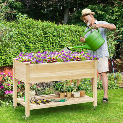 Verhoogde Plantenbak – Tuinbak – Kruidentuin – Bloembak – Plantenbak Hout – Naturel Vurenhout – 2-Lagen Opbergrek – Verplaatsbaar Met Wielen