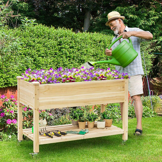 Verhoogde Plantenbak – Tuinbak – Kruidentuin – Bloembak – Plantenbak Hout – Naturel Vurenhout – 2-Lagen Opbergrek – Verplaatsbaar Met Wielen