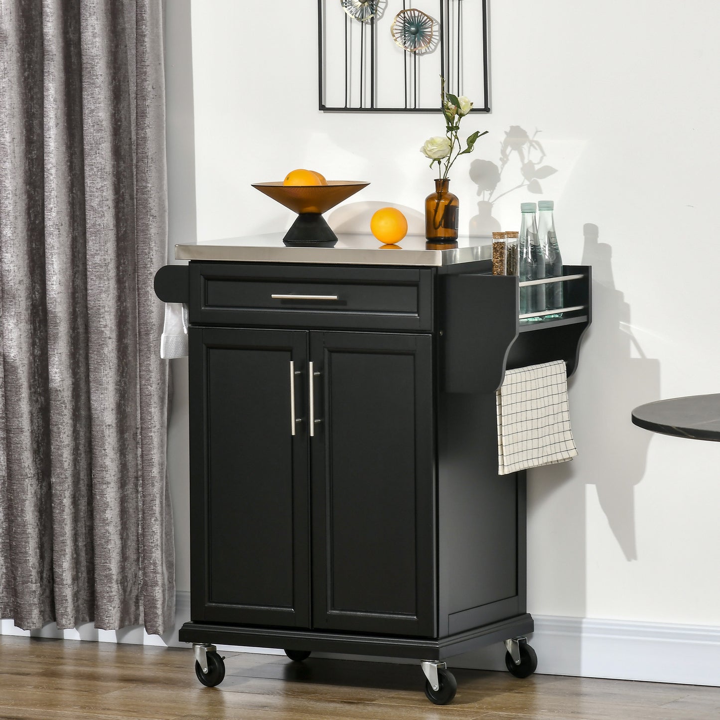 Keukentrolley – Serveerwagen – Keukenkast – Opbergtrolley – Werktafel – RVS Werkblad – Zwart Hout – 2-Deurs Kast – Zwenkwielen Met Rem