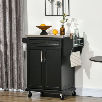 Keukentrolley – Serveerwagen – Keukenkast – Opbergtrolley – Werktafel – RVS Werkblad – Zwart Hout – 2-Deurs Kast – Zwenkwielen Met Rem
