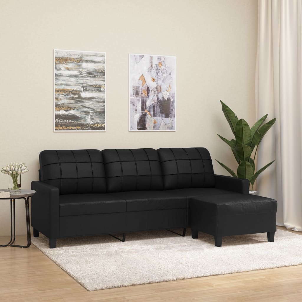 3-zitsbank – bankstel – zithoek – hoekbank – driezitsbank – zwart kunstleer – stevig metalen frame – comfortabele voetenbank