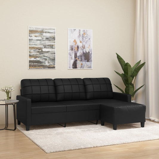 3-zitsbank – bankstel – zithoek – hoekbank – driezitsbank – zwart kunstleer – stevig metalen frame – comfortabele voetenbank