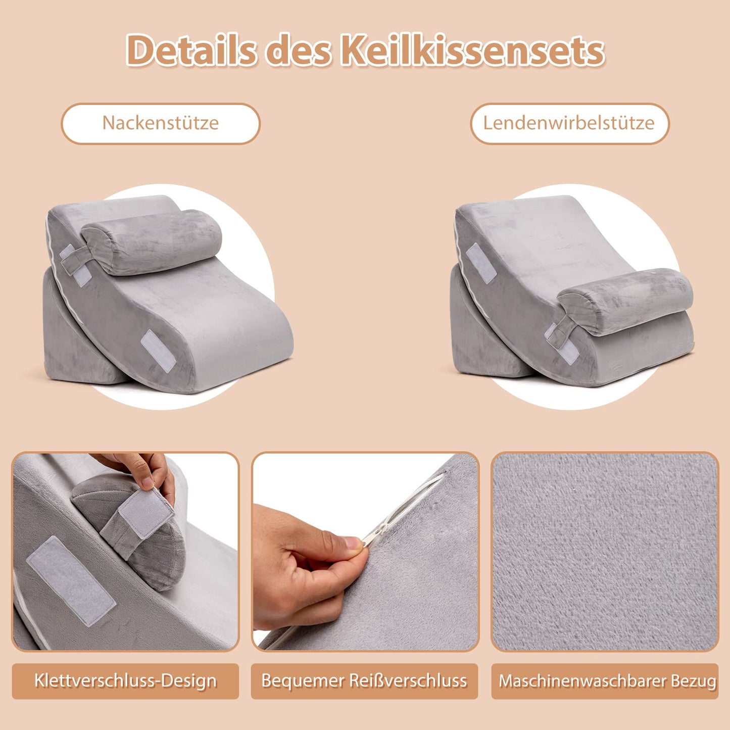 Vierdelige Bed Wedge Kussen Set – Comfortkussen – Steunkussen – Leessteunkussen – Rugsteun Kussen – Grijs – Memory Foam – Afneembare Wasbare Hoezen