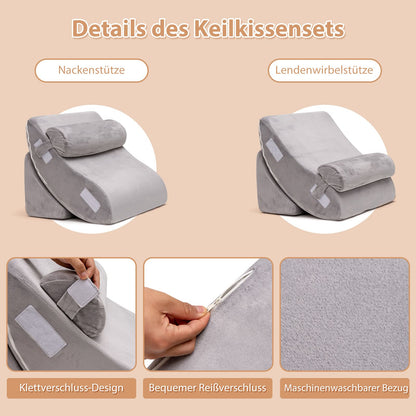 Vierdelige Bed Wedge Kussen Set – Comfortkussen – Steunkussen – Leessteunkussen – Rugsteun Kussen – Grijs – Memory Foam – Afneembare Wasbare Hoezen