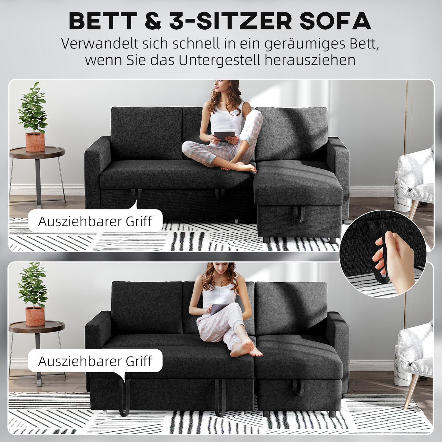 Hoekbankbed – Slaapbank – Bedbank – Loungesofa – Hoekbank – Omkeerbare Chaise Longue – Opbergruimte – Zwart Linnenstof