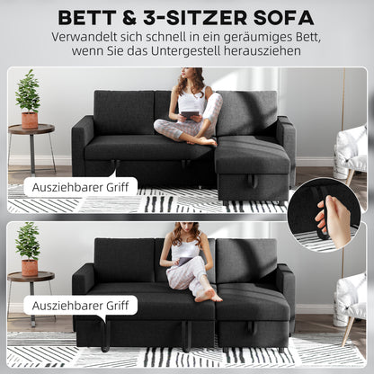 Hoekbankbed – Slaapbank – Bedbank – Loungesofa – Hoekbank – Omkeerbare Chaise Longue – Opbergruimte – Zwart Linnenstof
