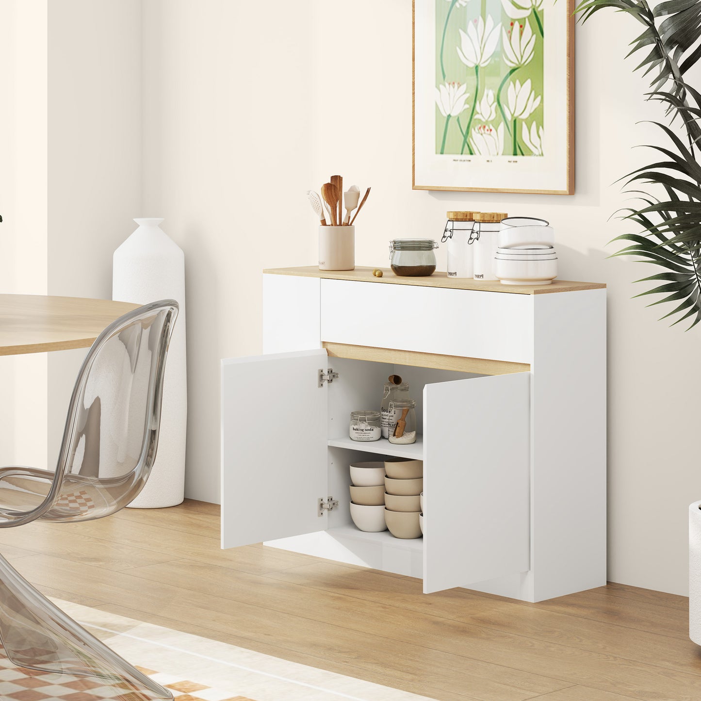 Dressoir – Opbergkast – Sideboard – Kast – Ladekast – Wit Gelakt – Verstelbare Planken – Tip-Over Bescherming – 105x30x81,5 cm