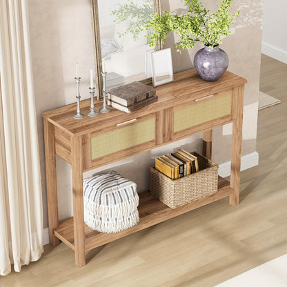 Boho Rustieke Sidetable – Haltafel – Wandtafel – Sofa Tafel – Console Tafel – 2 Lades & Opbergrek – Massief Hout & MDF – 109 cm Lang – 68 KG Draagkracht – Eenvoudige Montage