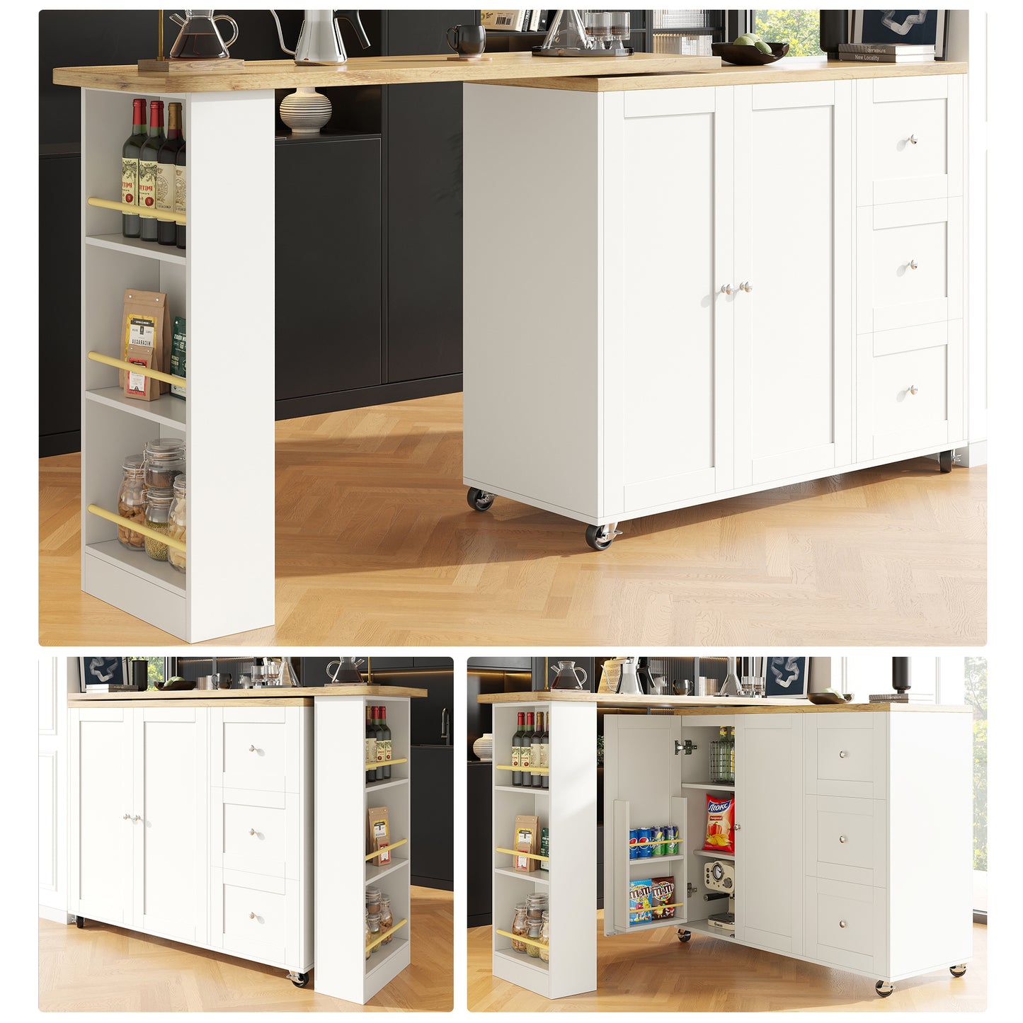 Dressoir – Sideboard – Opbergkast – Ladekast – Draaibaar 360° – Uittrekbare Lengte 135-203 cm – Met Wieltjes en Lade